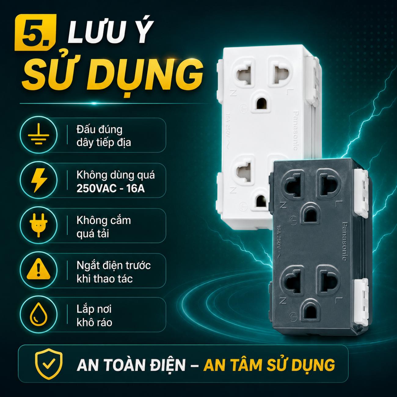 Ổ cắm đôi có màn che và dây nối đất Panasonic WIDE Series 250VAC – 16A